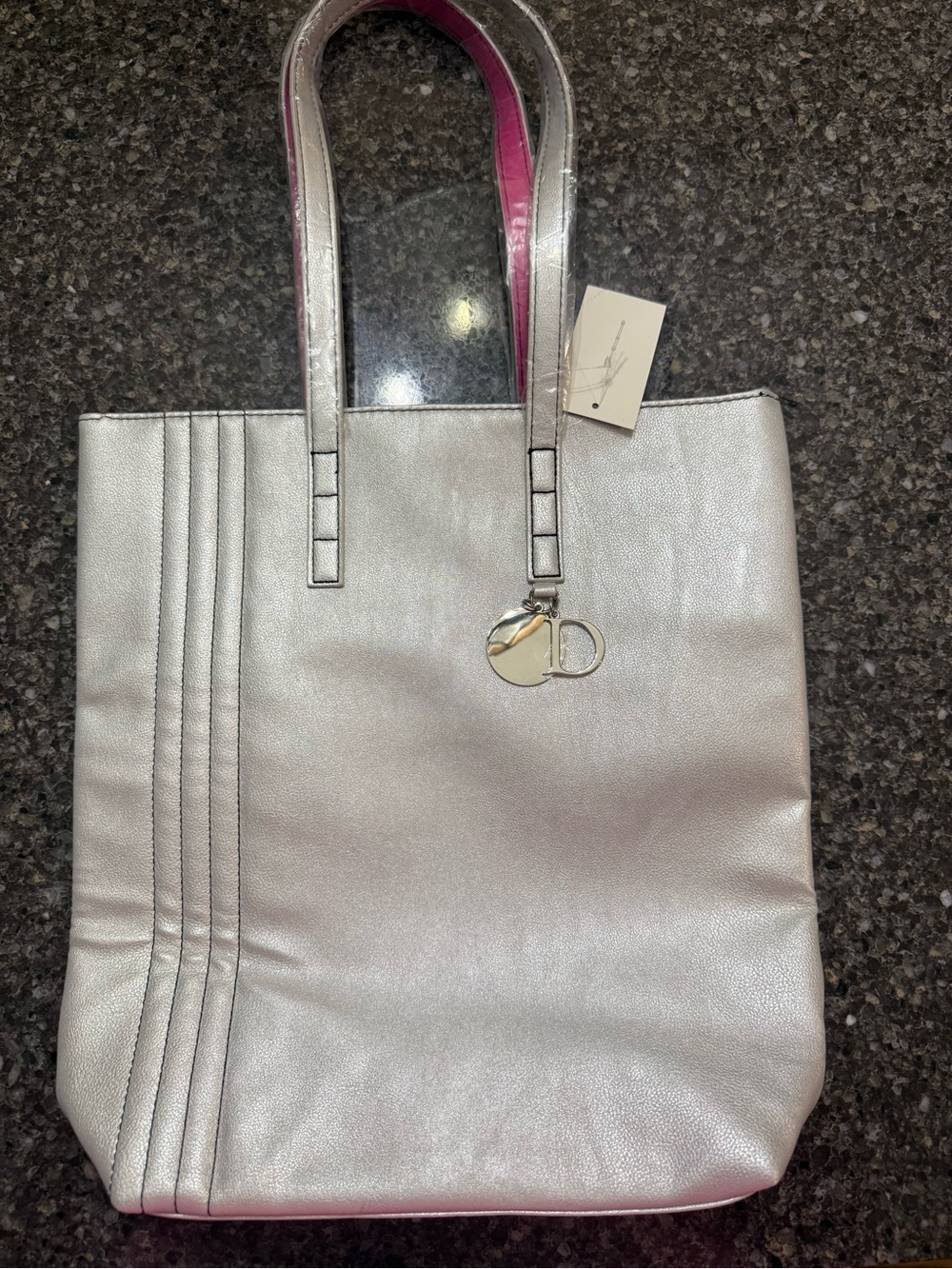 Silver Metallic Tote with Charm Accent